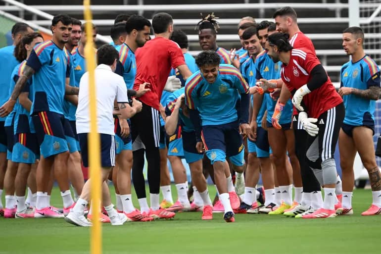 Spain's players celebrate Lamine Yamal's birthday ahead of the world cup semi-final clash against France tonight