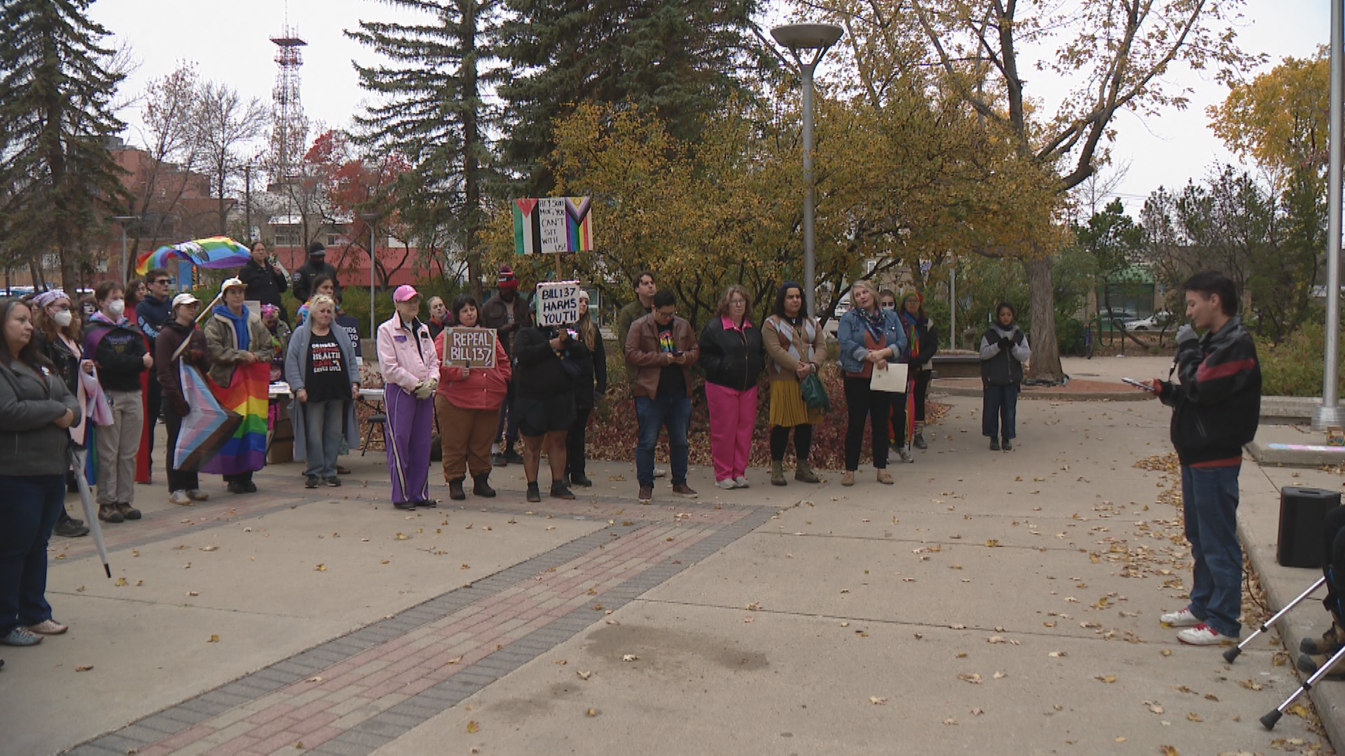 Supporters of trans rights rally in Saskatchewan against Bill 137